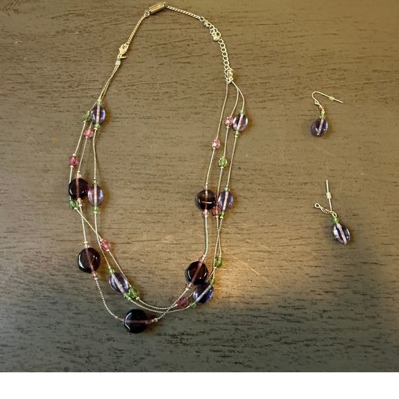 The Unbranded Brand Jewelry - Purple Green Pink Glass Bead Multi Strand Necklace Matching Earring Jewelry Set